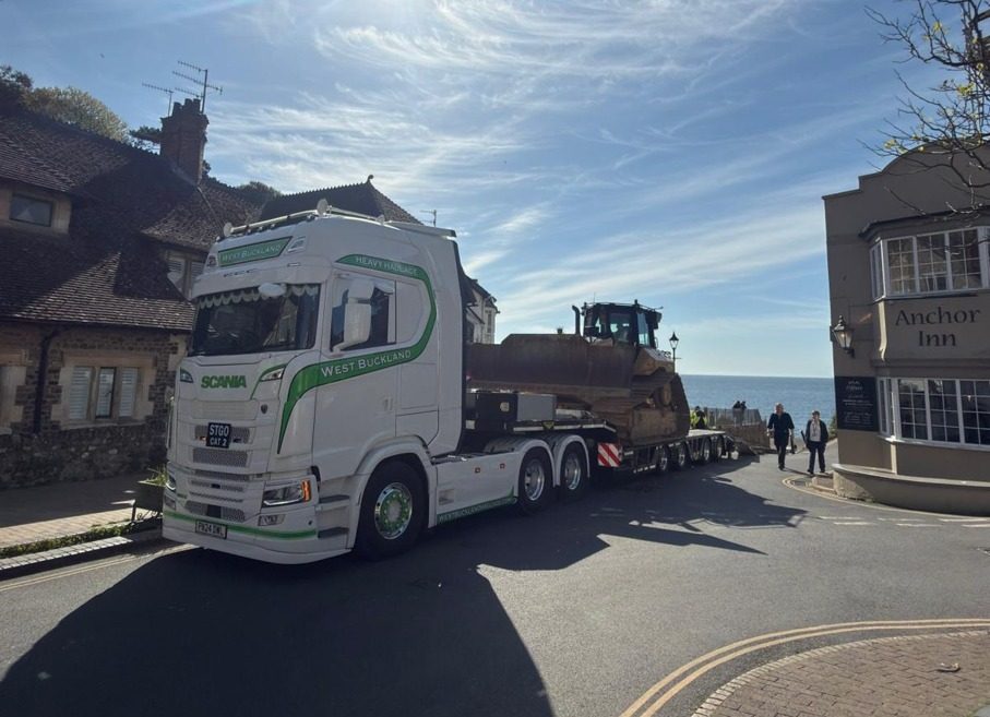 A West Buckland Haulage low loader carrying a tracked machine