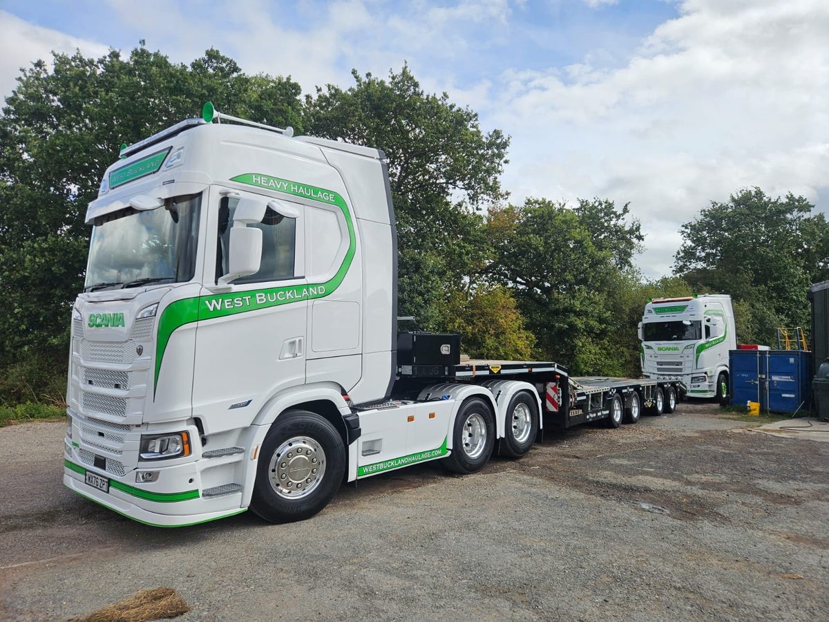 A West Buckland Haulage Scania heavy haulage unit coupled to a low loader at the yard